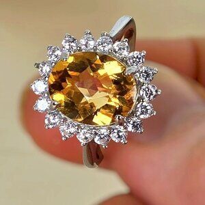 925 Sterling Silver Ring Sz 6.75 with Natural Citrine 12x10mm & CZ